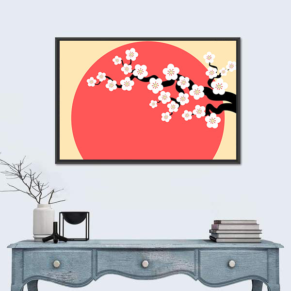 Minimalist Cherry Blossom with Red Sun Canvas Wall Art