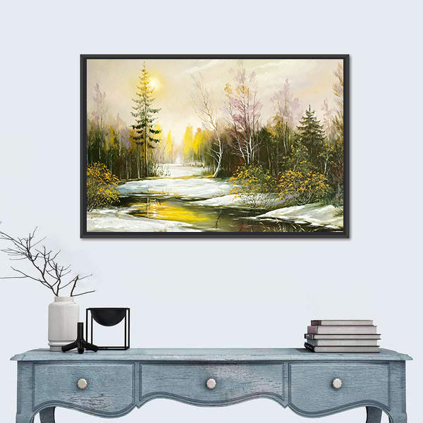Winter Riverbank with Golden Light Canvas Wall Art