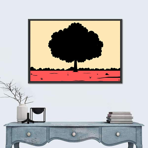 Black Tree Silhouette on Pink and Yellow Fields Canvas Wall Art