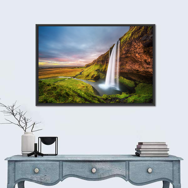 Seljalandsfoss Waterfall At Sunset In Iceland Canvas Wall Art