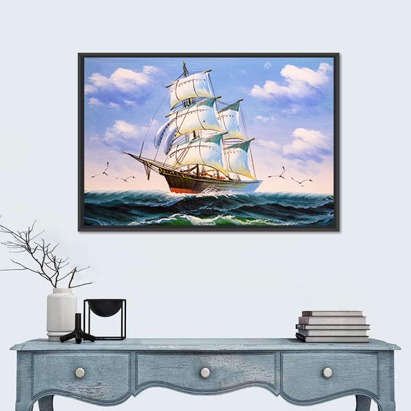 Three-masted Sailing Ship at Sea Canvas Wall Art