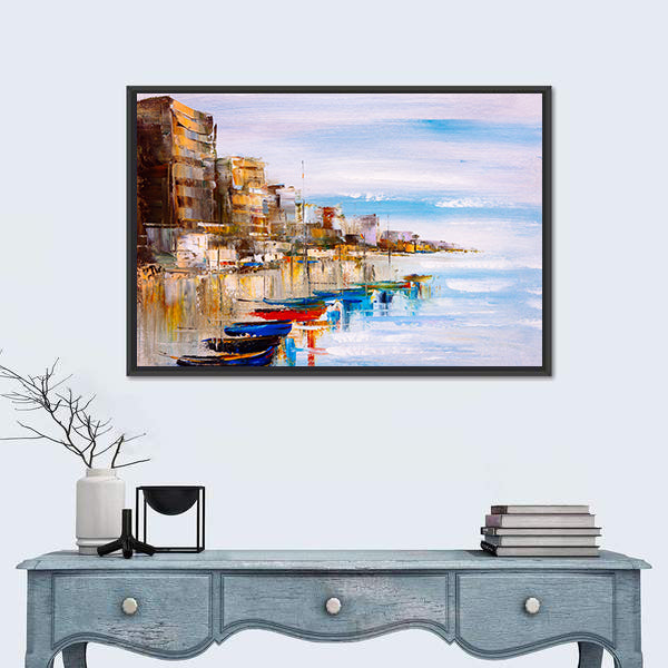 Abstract Harbor with Fishing Boats Canvas Wall Art