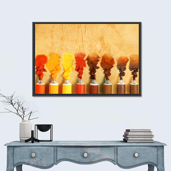Eight Paint Tubes in Warm Yellow-brown Gradient Canvas Wall Art