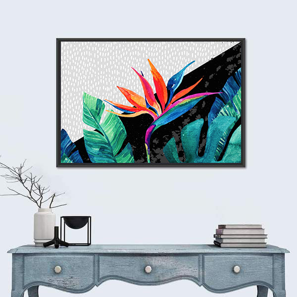 Tropical Minimalist Bird of Paradise and Monstera Canvas Wall Art