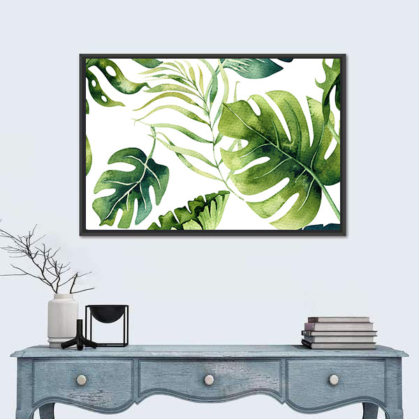 Tropical Monstera and Palm Leaves Canvas Wall Art