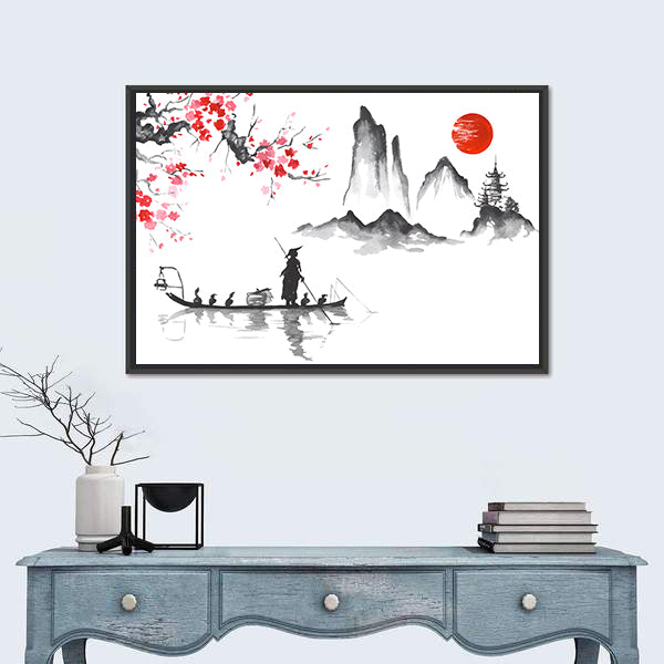 Japanese Ink Wash Fisherman at Sunrise Canvas Wall Art