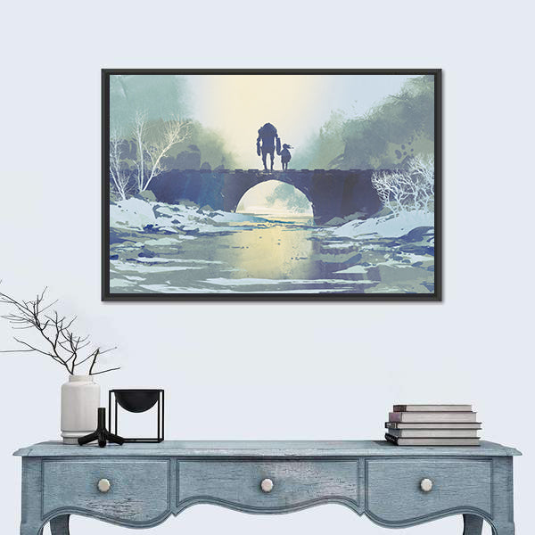 Robot and Child on Snowy Bridge Canvas Wall Art