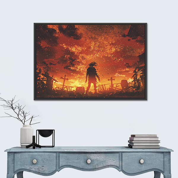 Zombie Silhouette in Burnt Cemetery Canvas Wall Art