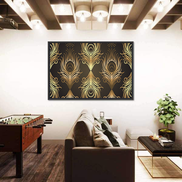 Gold and Black Peacock Feather Mandala Canvas Wall Art