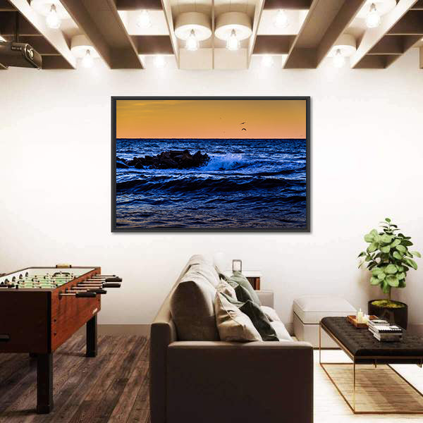 Blue Ocean Waves at Sunset Canvas Wall Art