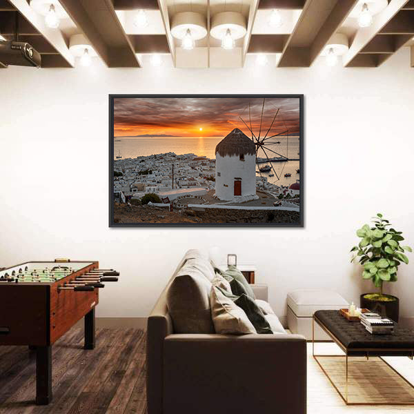 Mykonos Sunset with White Windmill Canvas Wall Art
