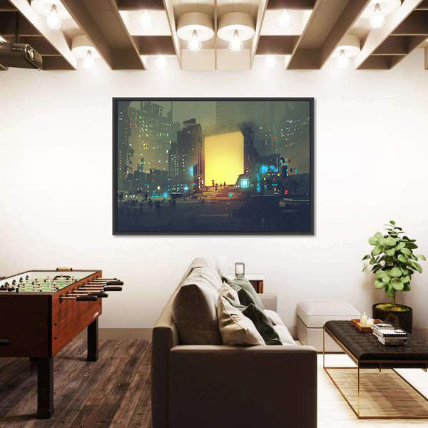 Rain-soaked Futuristic Cityscape Canvas Wall Art