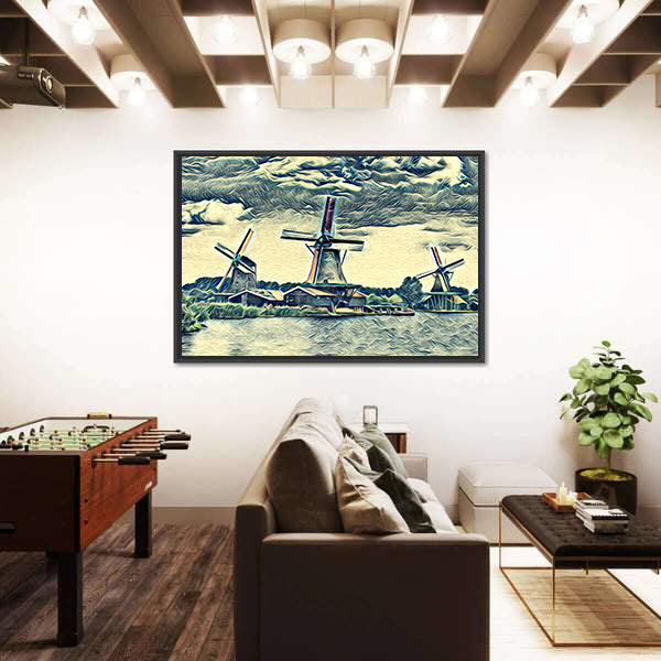 Vintage Dutch Windmills Landscape Canvas Wall Art