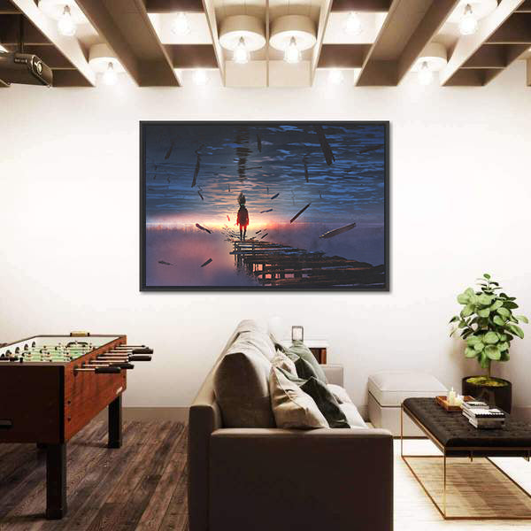 Hooded Figure on Broken Bridge Canvas Wall Art