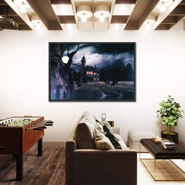 Moonlit Haunted Victorian Mansion Canvas Wall Art