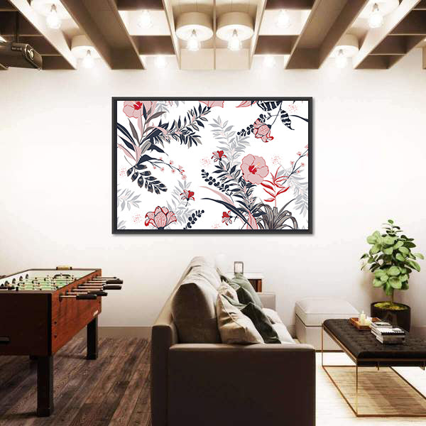 Hibiscus and Tropical Leaves Pattern Canvas Wall Art