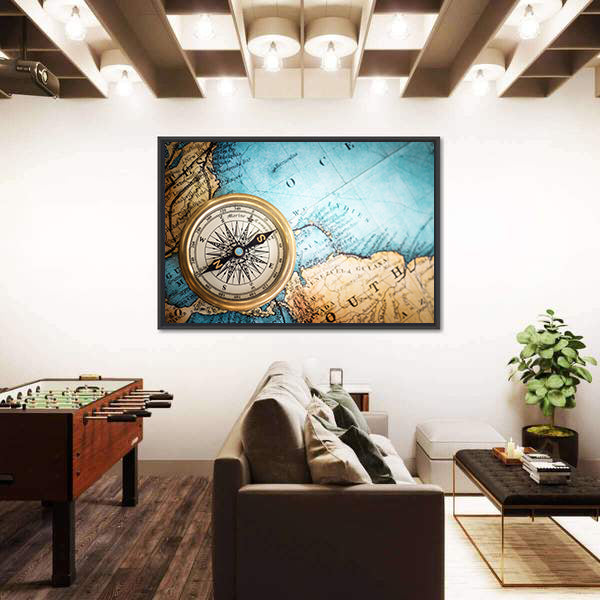 Brass Compass on Antique World Map Canvas Wall Art