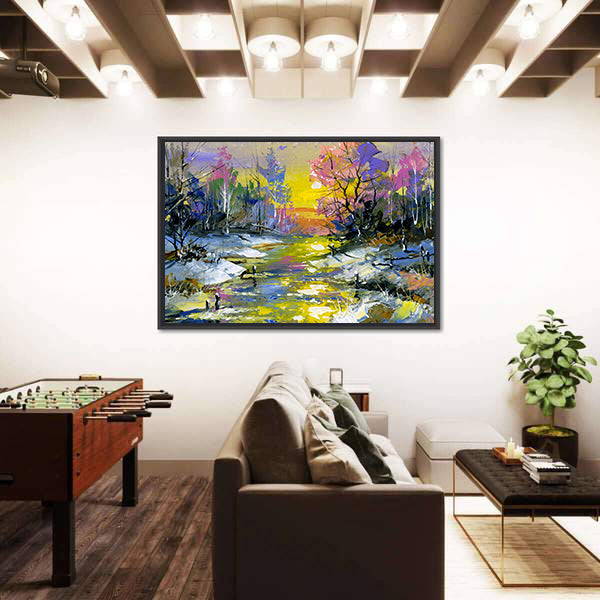 Winter Sunset River in Snowy Forest Canvas Wall Art