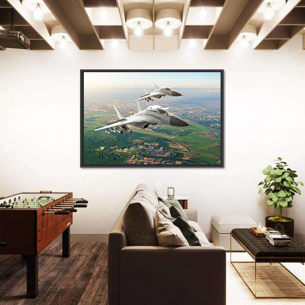 Twin Fighter Jets Over Airfield Canvas Wall Art