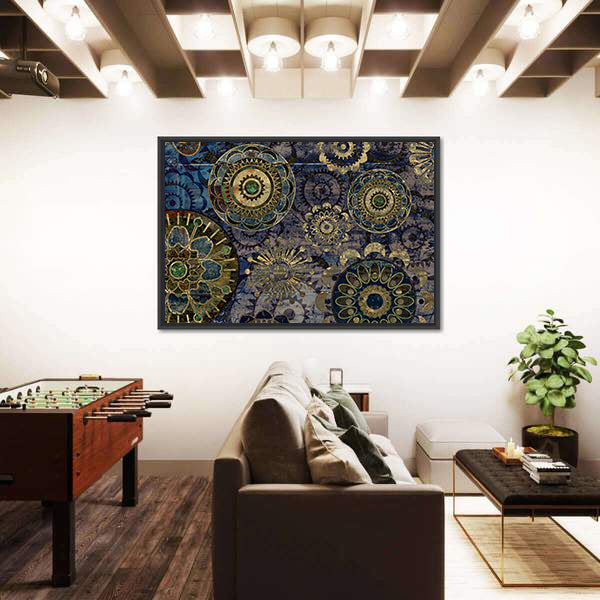 Vintage Floral Mandala Abstract in Navy and Gold Canvas Wall Art