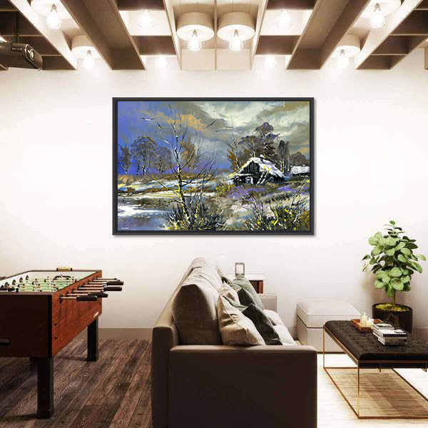 Snow-covered Cabin by the Lake Canvas Wall Art
