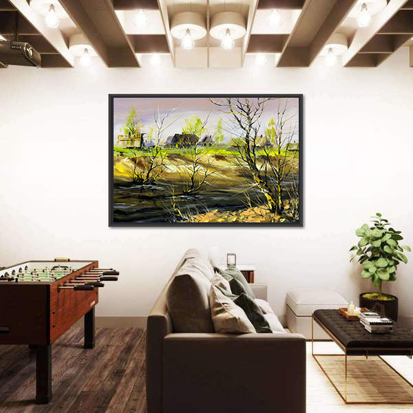 Thatched Cottage on Riverbank Canvas Wall Art