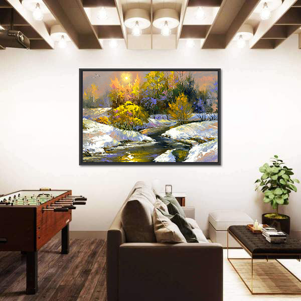 Winter River Through Snowy Forest Canvas Wall Art