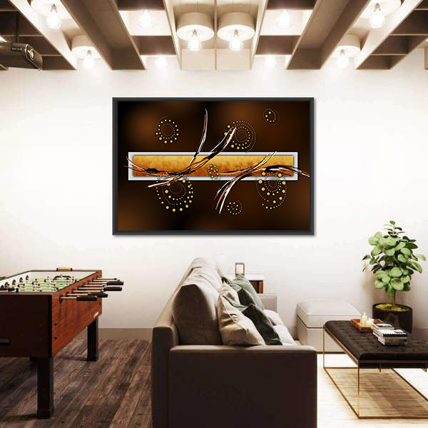 Ochre Rectangle with Gold Spiral Dots Canvas Wall Art
