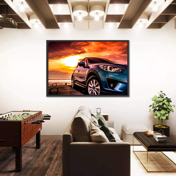 Blue Suv at Coastal Sunset Canvas Wall Art
