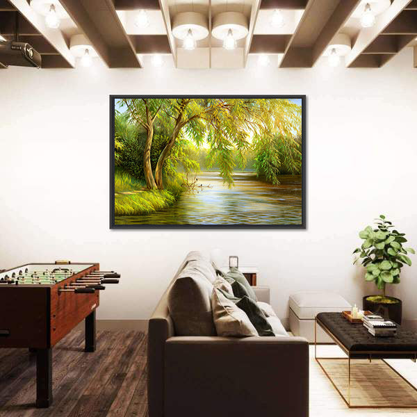 Summer Riverbank with Weeping Willow Canvas Wall Art