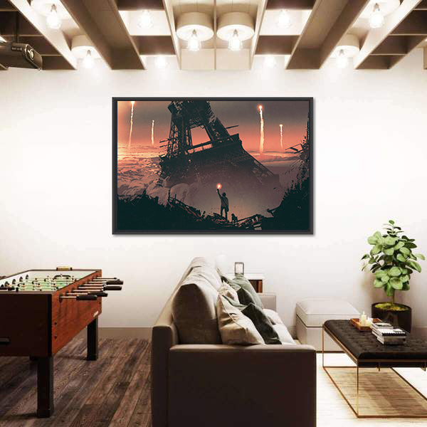 Silhouetted Man at Crumbling Eiffel Tower Canvas Wall Art