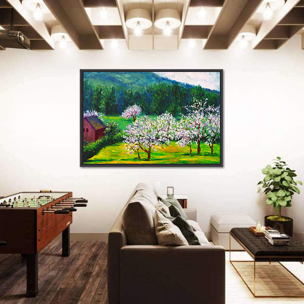 Plum Blossom Orchard with Red Barn Canvas Wall Art