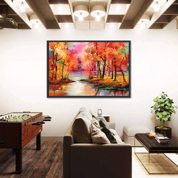 Autumn Forest with River Canvas Wall Art