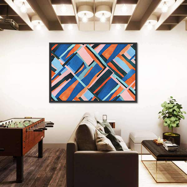 Abstract Geometric Collage in Blue and Orange Canvas Wall Art