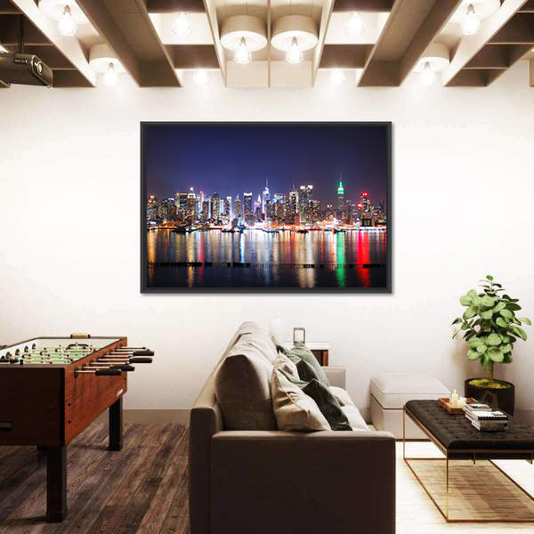 Times Square Reflections Over Hudson River Canvas Wall Art