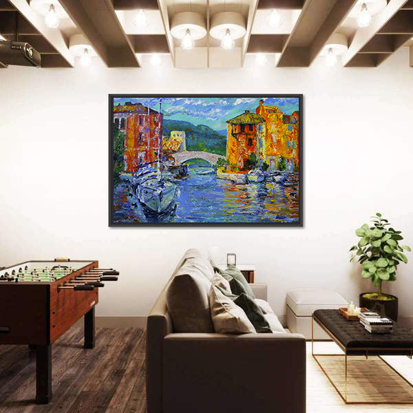 Port Grimaud Canal Scene with Sailboat Canvas Wall Art