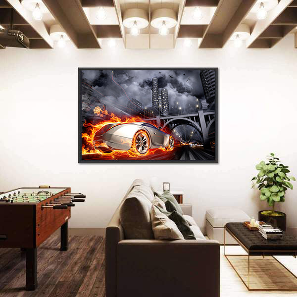 Flaming Sports Car at Night Canvas Wall Art