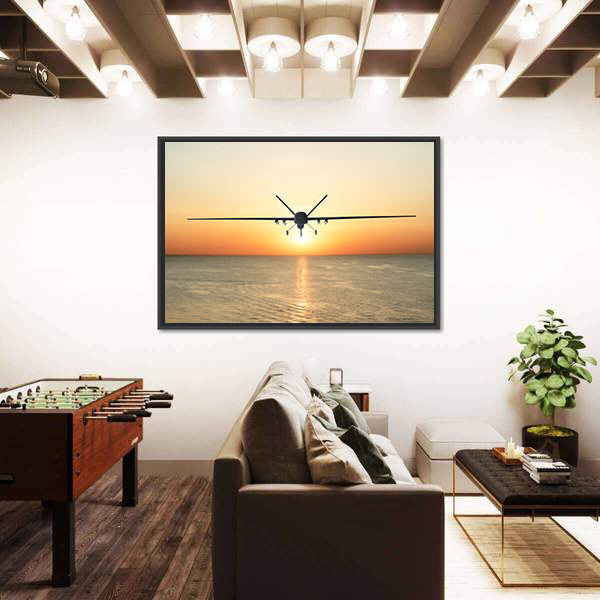 Military Drone at Sunset Canvas Wall Art