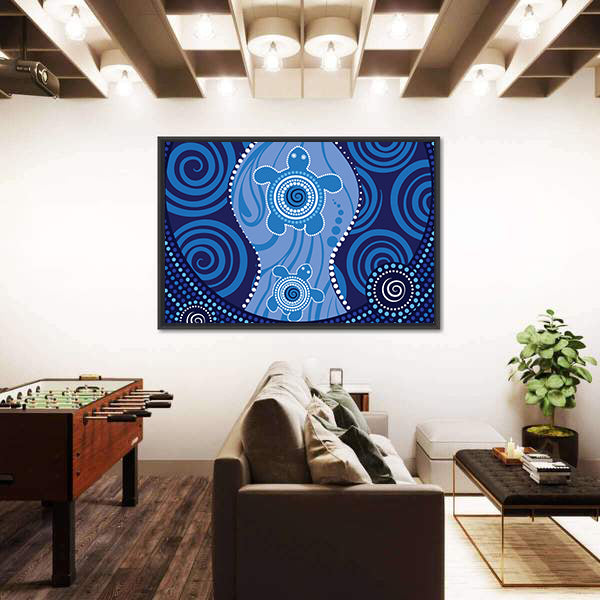 Blue Aboriginal Sea Turtles Dot Painting Canvas Wall Art