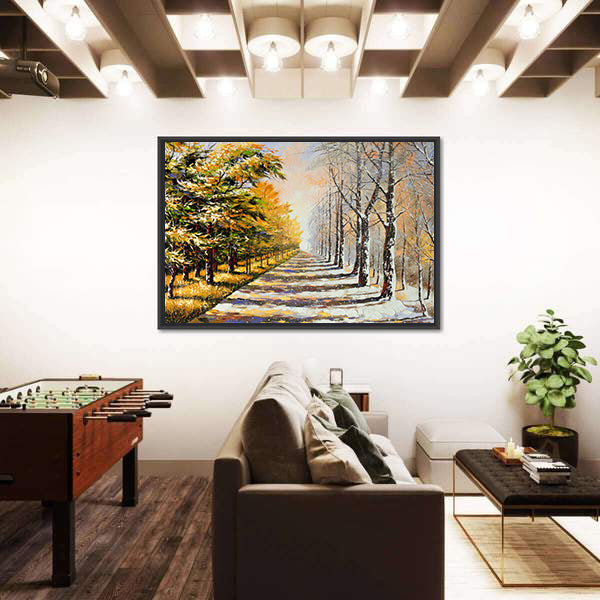Autumn Walkway with Snow Canvas Wall Art
