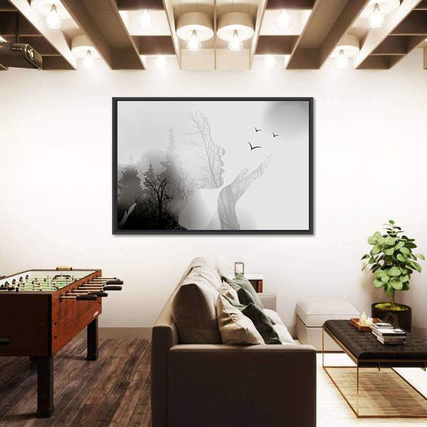 Woman Silhouette with Forest and Birds Canvas Wall Art