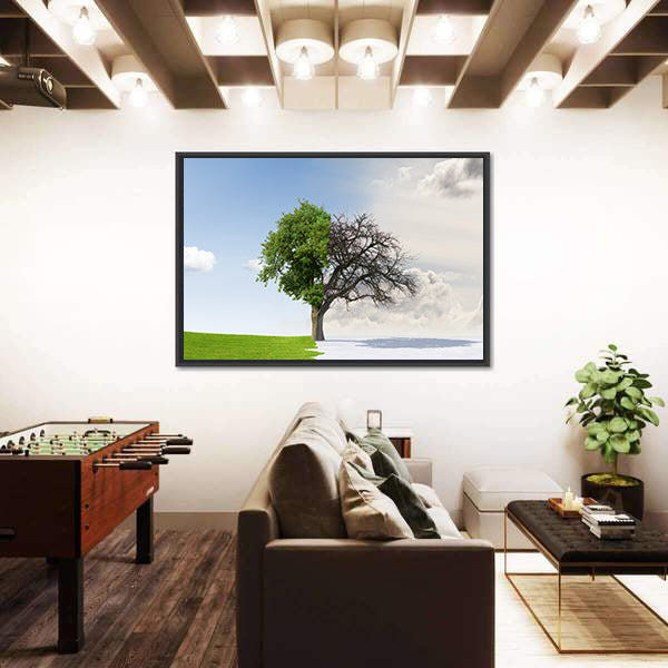 Tree Split Between Summer and Winter Canvas Wall Art