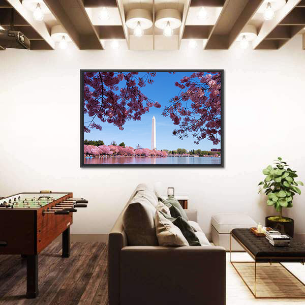 Cherry Blossom And Washington Monument Over Lake Canvas Wall Art