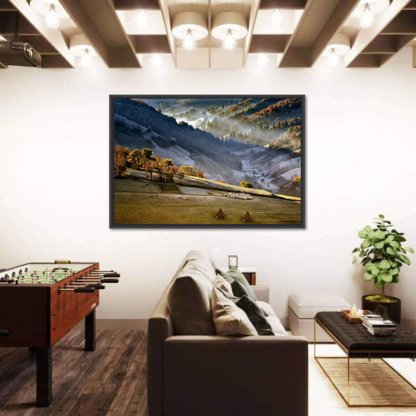 Shepherd With Sheep Heard In The Mountains Of Romania Canvas Wall Art