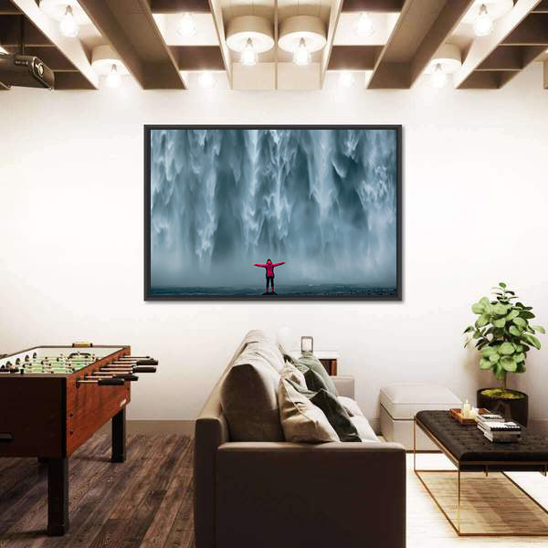 Girl Against Skogafoss Waterfall At South Iceland Canvas Wall Art