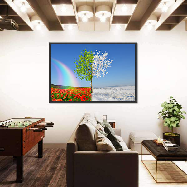 Split-season Tree with Poppies and Snow Canvas Wall Art