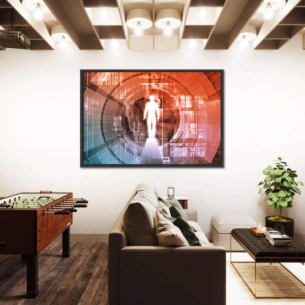 Technology Gateway with Glowing White Figure Canvas Wall Art