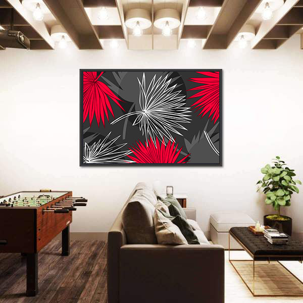 Red and Gray Palm Leaf Pattern Canvas Wall Art