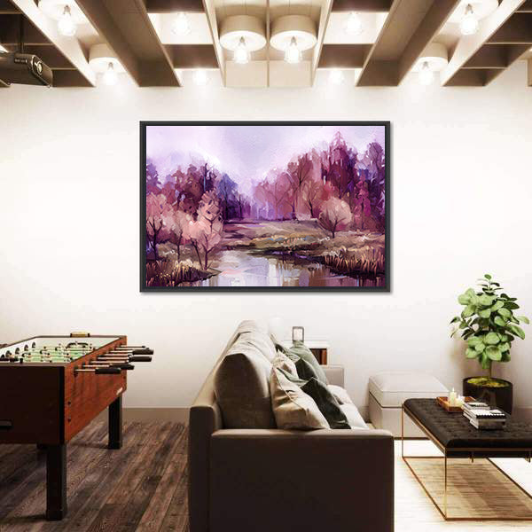 Autumn Forest Lake in Lavender Hues Canvas Wall Art