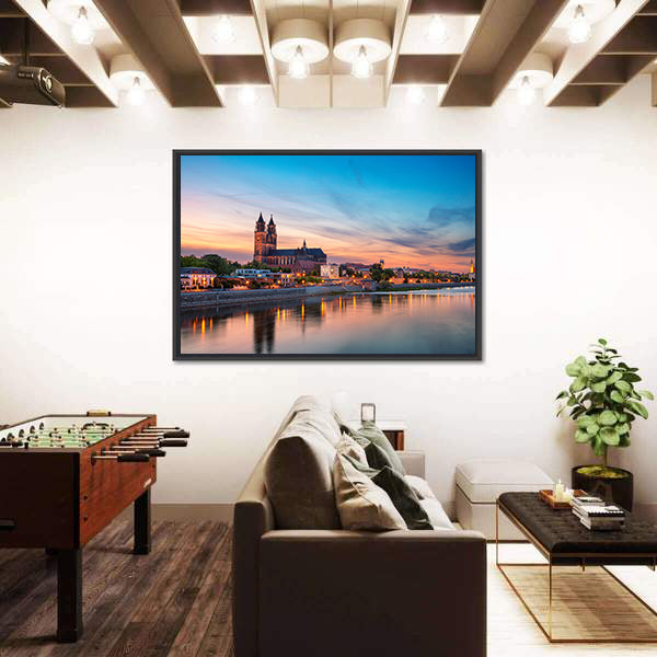 Magdeburg City And Elbe River At Sunset In Germany Canvas Wall Art